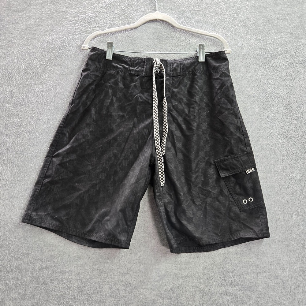 VANS Men Swimwear 30 Black Board Shorts Check Cargo Pockets Drawstring 9" Inseam